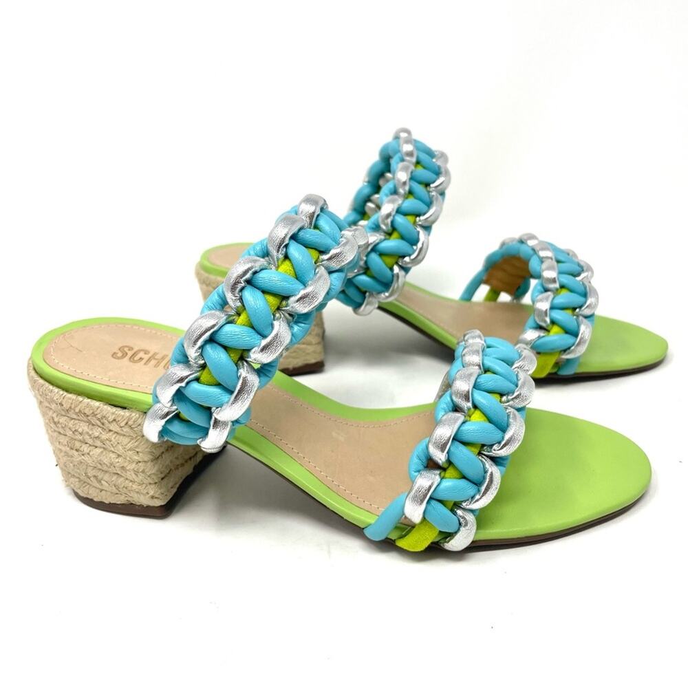 Schutz Juliet Blue Green Braided Strap Slip On Jute Block Heel Sandals Women's 8